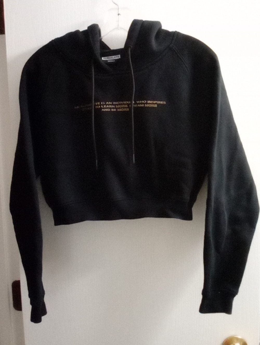 Alphalete Black Cropped Hoodie with Gold Script Accent
